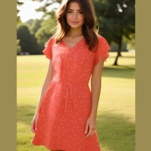 NWT, Maison Jules Coral Polka Dot V-Neck Dress, Size S